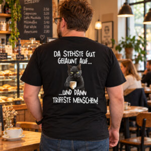 Kaffee & Katze T-Shirt – "Da stehste gut gelaunt auf... und dann triffste Menschen" Lustiges Spruch Shirt