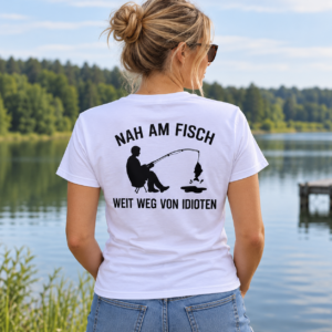 Nah am Fisch, weit weg von Idioten – Angel T-Shirt - Image 2