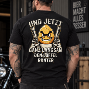 Und jetzt ganz langsam den Löffel runter Funny Egg Gun Graphic Black T-Shirt - Billede 2