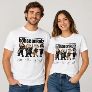 Böhse Onkelz T-Shirt mit Cartoon-Bandmotiv und Signaturdruck